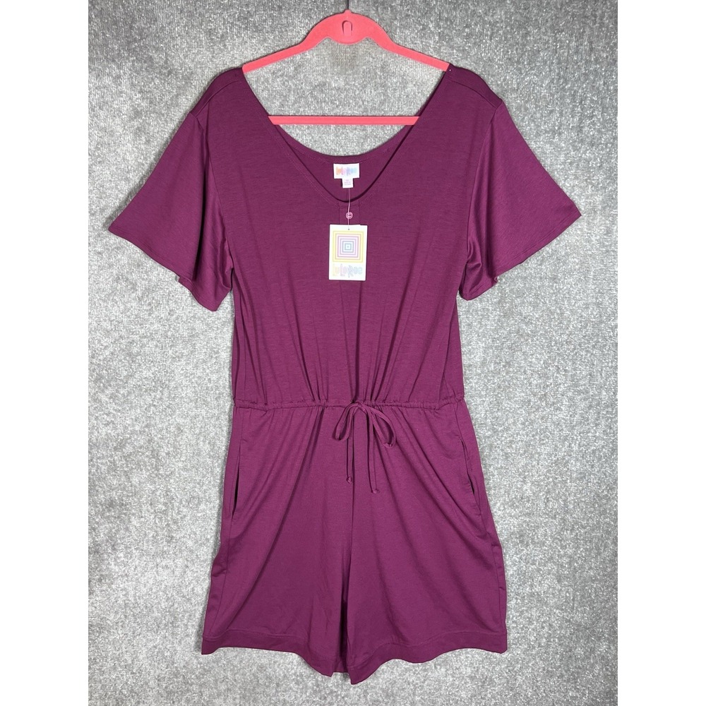 Lularoe‎ Xanthe Romper Womens Sz Medium Purple Pockets Vneck Drawstring New